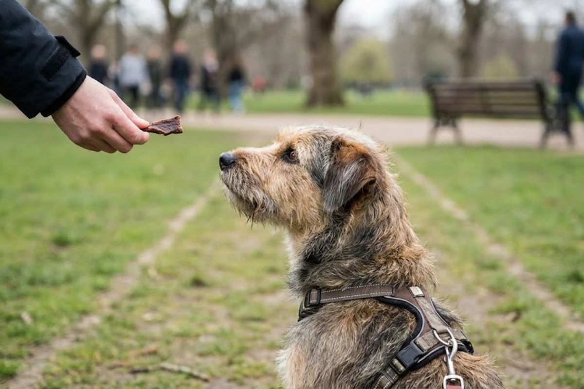 A dog focuses intently on a small, dark training treat held in a handler's hand during an outdoor training session.