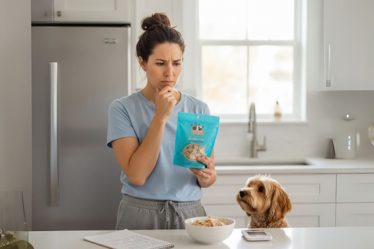 Pet parent reading a chicken liver treat bag while measuring portions for her dog in a kitchen