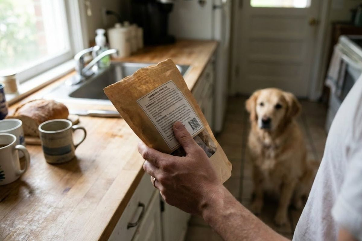  A person reviews the ingredient list on a natural dog treat package with a dog waiting nearby.