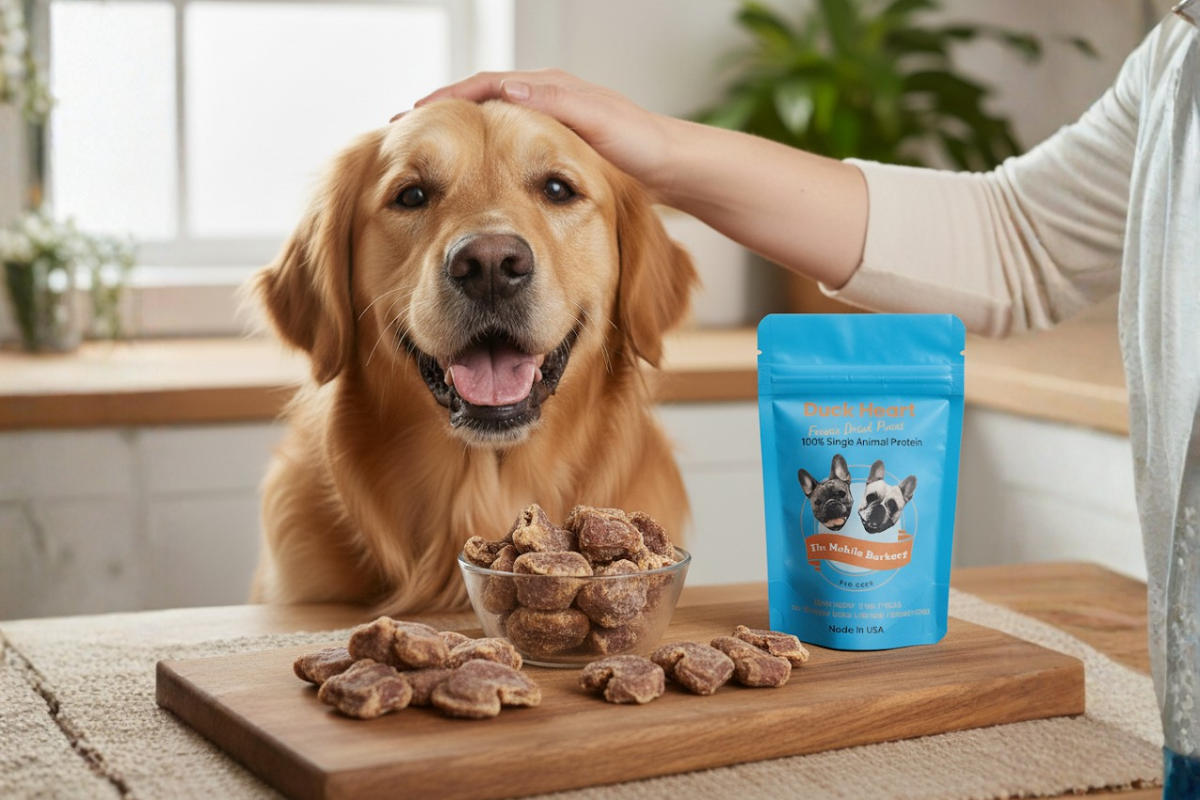 Golden Retriever with a bowl of freeze-dried duck heart dog treats next to The Mobile Barkery product pouch