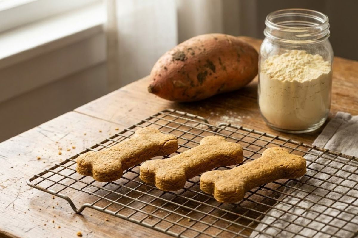 Homemade bone-shaped grain-free dog treats cooling on a wire rack next to raw sweet potato and a jar of chickpea flour