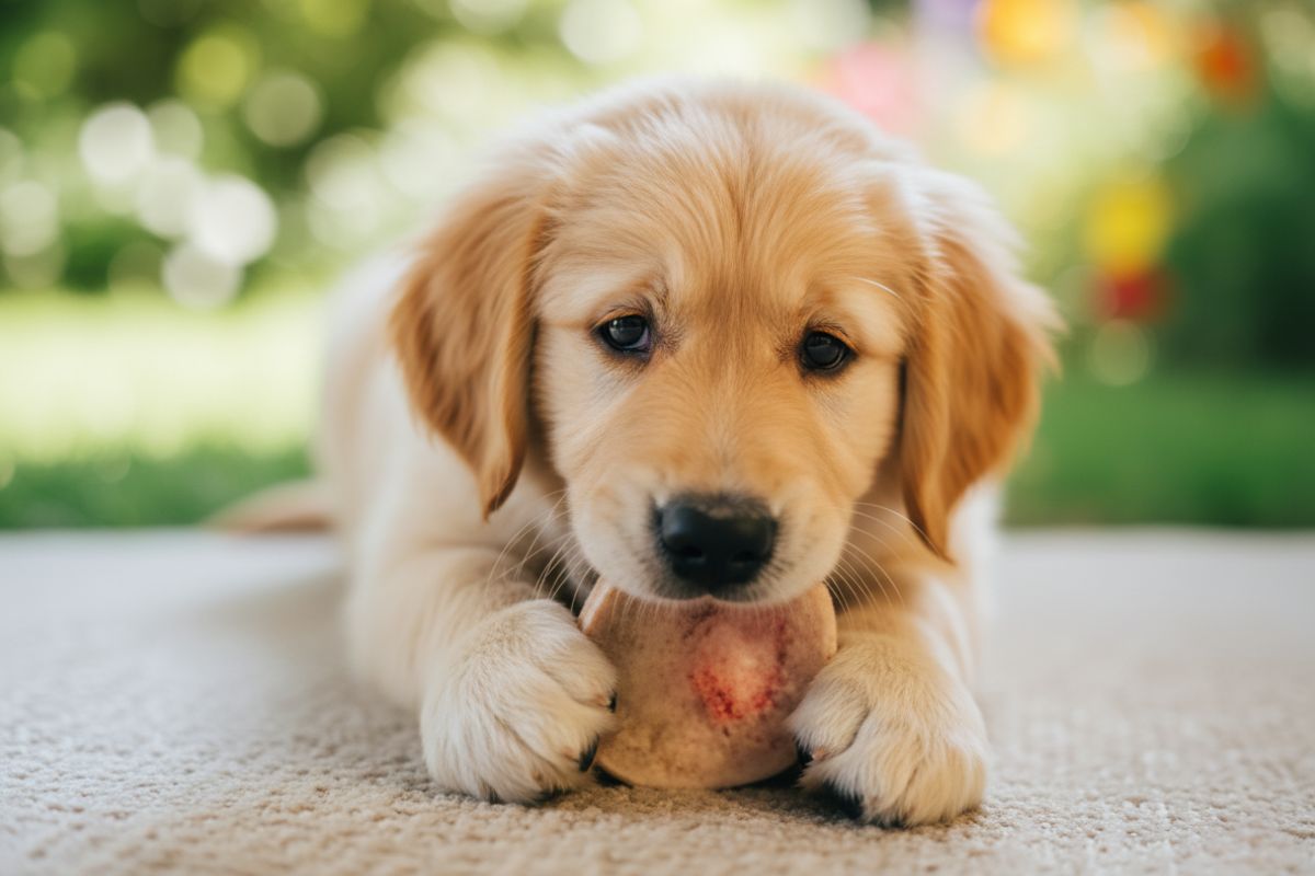 Golden retriever puppy chewing on a raw marrow bone during teething