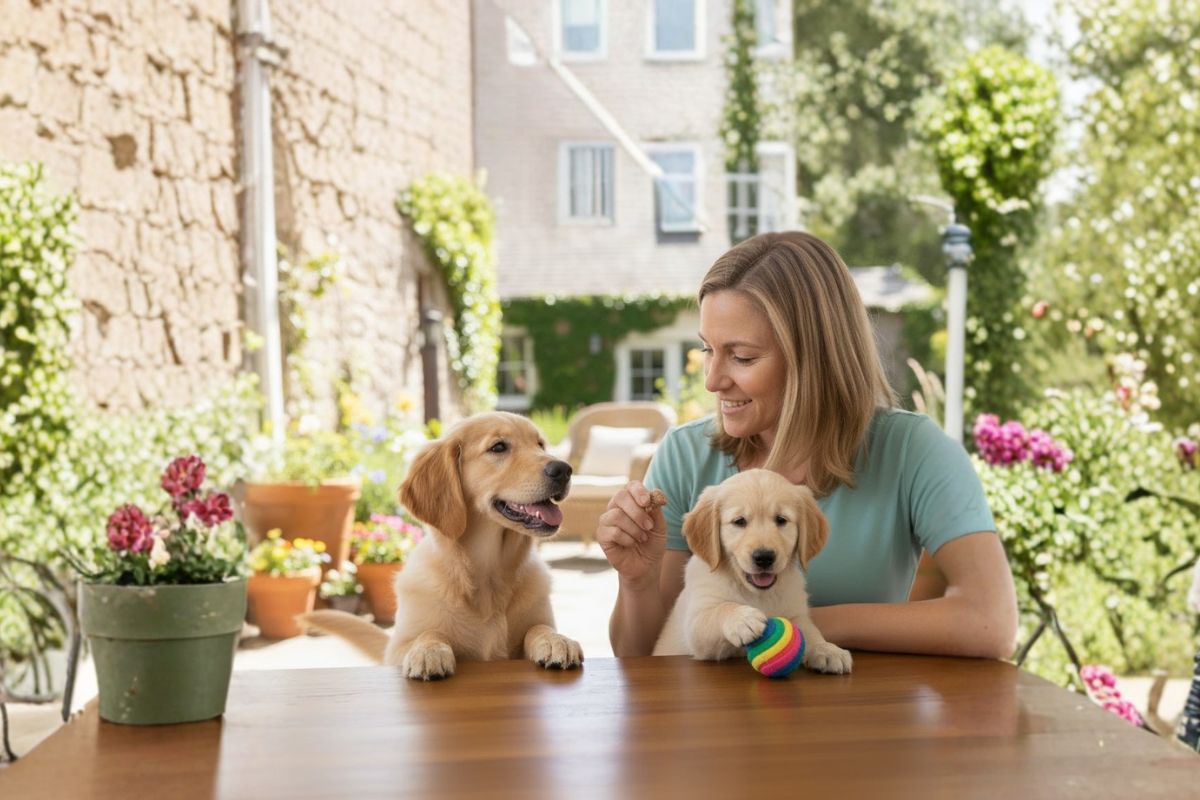 Woman training two Golden Retriever puppies at a wooden table outdoors in a sunny garden. One puppy plays with a rainbow-colored ball while the other focuses on a treat in her hand.