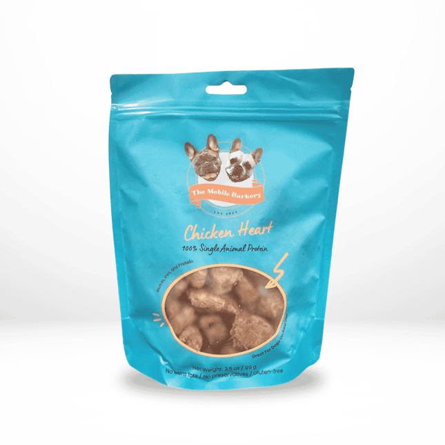 Blue large bag of freeze-dried chicken heart dog treats from The Mobile Barkery – single-ingredient, high-protein snack for dogs
