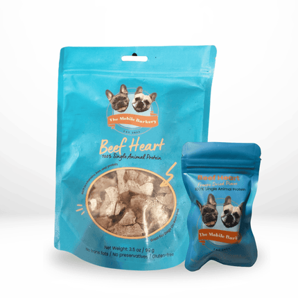 Side-by-side display of large and small beef heart dog treat pouches from The Mobile Barkery.