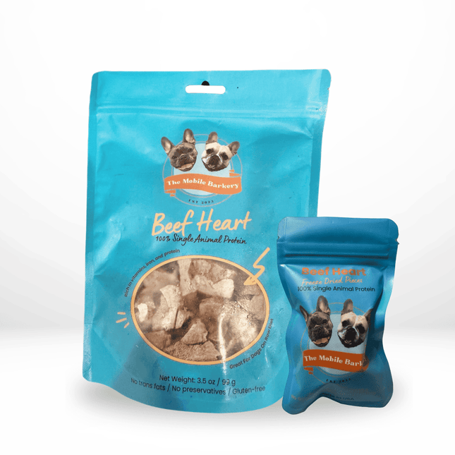 Side-by-side display of large and small beef heart dog treat pouches from The Mobile Barkery.
