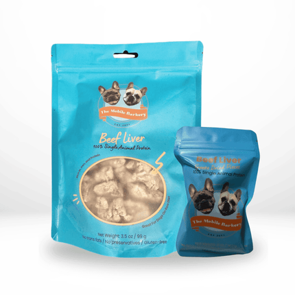  Large and small packs of beef liver dog treats side by side, branded by The Mobile Barkery.