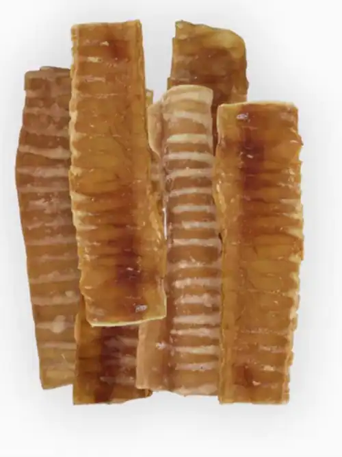 Pile of dried beef trachea treats for dogs, cut into short crunchy sections