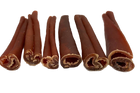 Six natural bully sticks for dogs in assorted thicknesses, arranged side by side with visible curled ends
