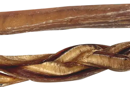 Close-up of braided and straight natural bully sticks for dogs on neutral background