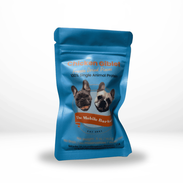 Blue pouch of freeze-dried chicken giblets dog treats with cartoon French bulldog illustrations