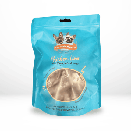 Large blue pouch of freeze-dried chicken liver treats labeled 100% single animal protein for dogs