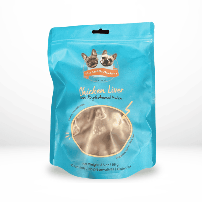 Large blue pouch of freeze-dried chicken liver treats labeled 100% single animal protein for dogs