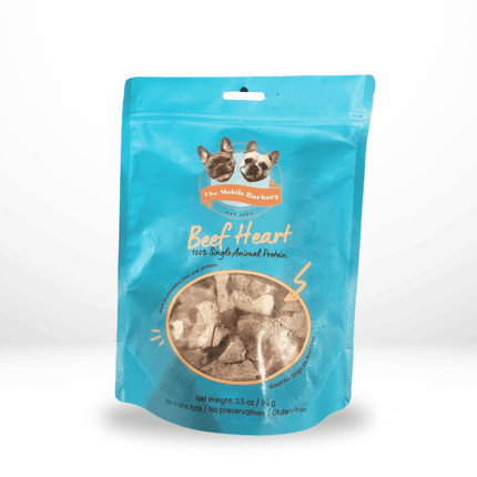 Large blue resealable bag of beef heart dog treats with a clear window showing freeze-dried pieces.
