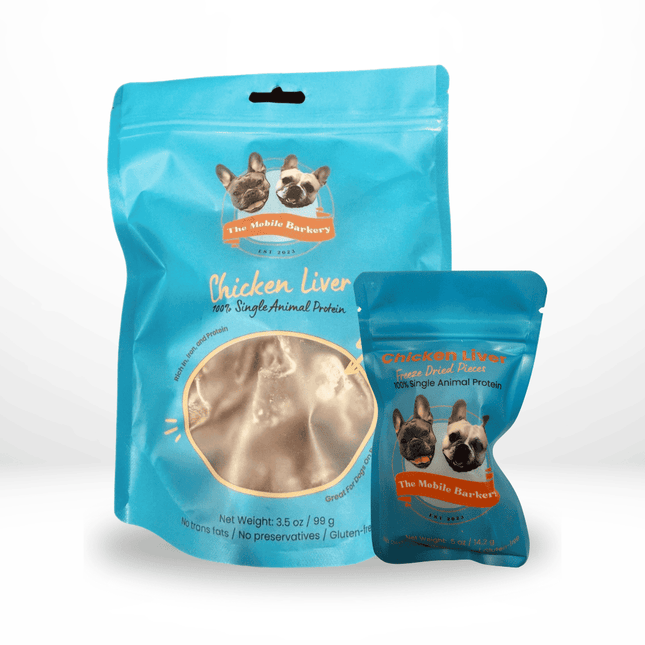 Large and small pouches of chicken liver freeze-dried dog treats from The Mobile Barkery.