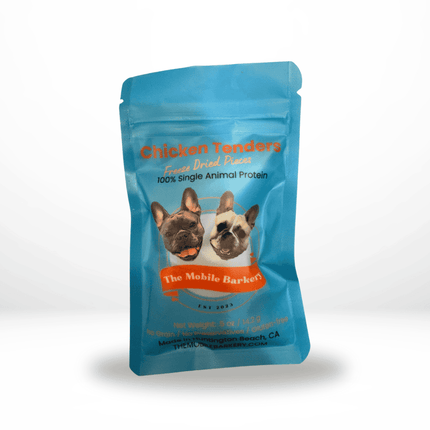 Blue pouch of freeze-dried chicken tenders dog treats with two French bulldogs on the label