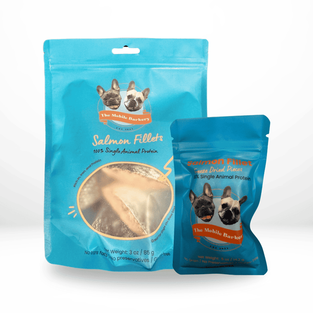  Large and small packs of freeze-dried salmon fillet dog treats from The Mobile Barkery.
