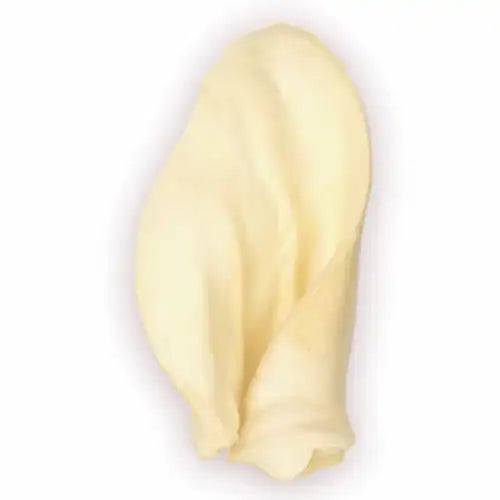Single white cow ear dog chew with smooth texture on a light background