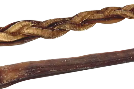 Twisted bully stick and standard bully stick laid side by side, showing texture and variety