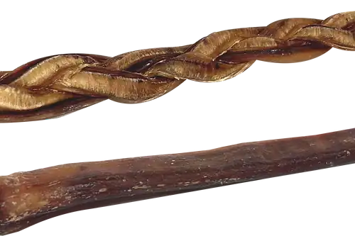Twisted bully stick and standard bully stick laid side by side, showing texture and variety