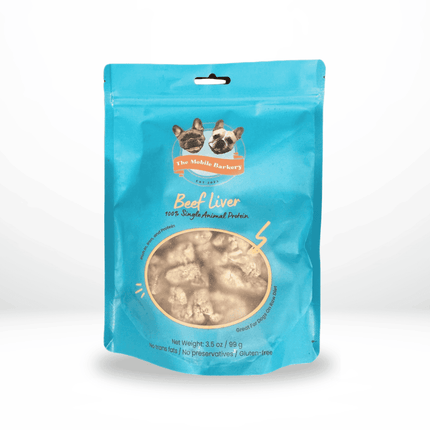 Large resealable pack of beef liver dog treats with a clear window showing freeze-dried liver pieces.
