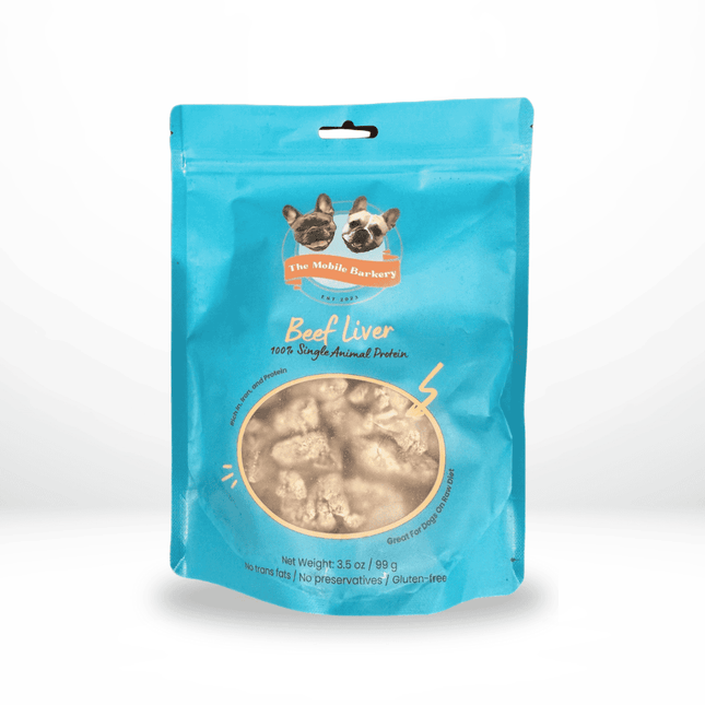 Large resealable pack of beef liver dog treats with a clear window showing freeze-dried liver pieces.