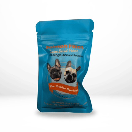  Small blue pouch labeled salmon fillet freeze-dried dog treats with two illustrated French bulldogs.