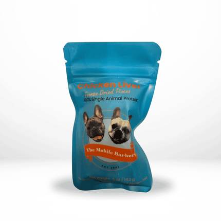 Small blue pouch of chicken liver dog treats featuring two illustrated dog faces on the packaging.