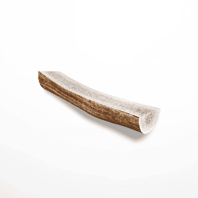 Curved split elk antler dog chew showing textured inner core